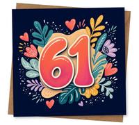 61st Birthday Card for Her, Bold 61, Hearts, Leaves, Navy