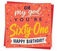 61st Birthday Card for Her, Confetti 'Oh My God' Message | Bright confetti details for her 61st, featuring “Oh my god you’re sixty-one” plus a big “Happy Birthday!”