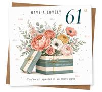 61st Birthday Card for Her, Floral Bouquet & Striped Gift Box | 61st Birthday card for her with watercolour flowers in a ribboned striped gift box