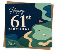 61st Birthday Card for Her, Golf Green, Flag and Cart | Celebrate her 61st with bold cream lettering and a playful golf layout-flag on the green, ball, sand bunkers, water and cart.