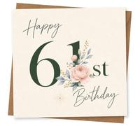 61st Birthday Card for Her, Green 61 & Pink Blooms | Bold green number design with soft pink florals, finished with a handwritten “Happy Birthday” message for her 61st.