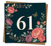 61st Birthday Card for Her, Large 61, Pink Florals on Teal | Large 61 centrepiece with pink and purple blooms and gold-style detailing for a refined message to her on her 61st.