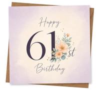 61st Birthday Card for Her, Pastel Florals & Script | “Happy 61st Birthday” in navy script with large 61, peach flowers, sage leaves and tiny gold dots-made for her 61st.