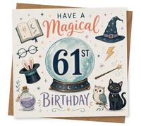 61st Birthday Card for Her, Wizard Hat and Crystal Ball | Her 61st gets a magical makeover: crystal ball, wizard hat, spell book and magic wand with cute animal illustrations.