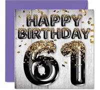 61st Birthday Card for Men - Black & Gold Glitter Balloons - Happy Birthday Cards for 61 Year Old Man Dad Grandad Grandpa Gran Uncle, 145mm Bday Greeting Cards Gift
