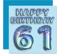 61st Birthday Card for Men - Blue Glitter Party Balloon - Happy Birthday Cards for 61 Year Old Man Uncle Grandad Dad Grandpa Gran, 145mm Bday Greeting Cards Gift