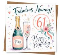 61st Birthday Card for Nanny, Fabulous Fizz | Watercolour fizz bottle and champagne flute with ‘Fabulous Nanny!’ plus ‘61’ and ‘Happy Birthday’ wording for her 61st.