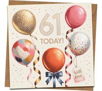 61st Birthday Card for Women Men - Balloon & Confetti Design - 145mm x 145mm - With Love Tag - Luxury Greeting Card with Kraft Envelope - Happy 61 Today Celebration
