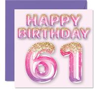 61st Birthday Card for Women - Pink & Purple Glitter Balloons - Happy Birthday Cards for 61 Year Old Woman Mum Nanny Grandma Gran Auntie, 145mm Bday Greeting Cards Gift