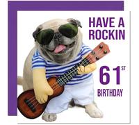 61st Birthday Card - Rock n Roll Pug Dog Funny Birthday Card for 61 Year old Sixty One, Sixty First
