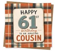 61st Birthday Card, Warm Plaid Print, Heartfelt Cousin Note | Warm plaid design with bold lettering and a heartfelt cousin greeting to celebrate a 61st birthday.