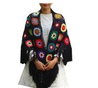 61x29in Handmade Crochet Fringed Poncho Cape Shawls Wraps Granny Square Womens Coat Sweater, Black, M