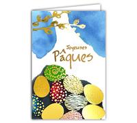 62-1023 Happy Easter Card in Shiny Gold with Envelope 12 x 17.5 cm - Illustration Colourful Bird Eggs Watercolour Painting Spring Festival - Creation Edition Print Made in France