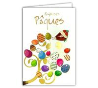 62-1024 Happy Easter Card in Shiny Gold Gold with Envelope 12 x 17.5 cm - Illustration Colourful Bird Eggs Tree of Life Spring Festival - Creation Edition Print Made in France