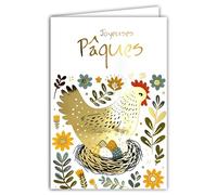 62-1028 Happy Easter Card in Shiny Gold Gold with Envelope 12 x 17.5 cm Illustration Hen Incuves Painted Eggs Nest Flowers Party Spring Creation Edition Print Made in France