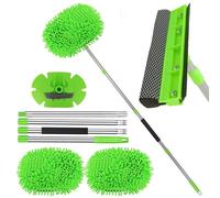 62" Car Cleaning Brush Microfibre Mop Mitt with Long Handle & 2in1 Window Cleaner Tool with Squeegee and Sponge,2Chenille Heads+1Plastic Mop Mitt Base+1Scratcher Sponge Window Squeegee+157cm Pole