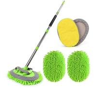 62'' Car Wash Brush with Long Handle, Microfiber Car Wash Mop Mitts Scratch-Free Alminum Car Cleaning Kit Windshield Window Cleaner Pads for Car Rv SUV Truck Boat Bus