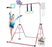 62" Gymnastics Bar 5Height (Steel/Fiberglass) Kids Gym Equipment 5 Level Height Adjustable Pull Up Horizontal Gymnastic Bar, Gymnastics Equipment for Home for 3 to 12 years old (Pink W/ Blue Rings)