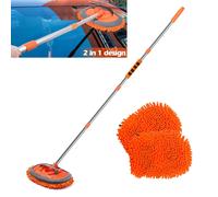 62-Inch Telescopic Car Wash Brush Kit with Aluminum Handle, 180 Adjustable Mop Head, 2 Microfiber Chenille Replacement Heads