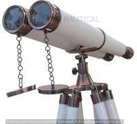 62 Inches Floor Standing Admirals Solid Brass White Leather Binocular, Fully Functional Nautical Home Decor Binoculars for Adults with Wooden Tripod Stand