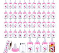 62 Pcs 3.5 Inch Baby Mini Milk Bottle Baby Shower Favor with 500 Adhesive Thank You for Showering Stickers, Small Plastic Candy Bottle DIY Gift for Boy Girl Newborn Baptism Party Decor (Pink)