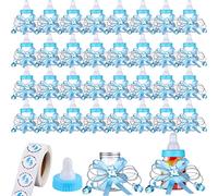 62 Pcs 3.5 Inch Baby Mini Milk Bottle Baby Shower Favor with 500 Adhesive Thank You for Showering Stickers, Small Plastic Bear Candy Bottle with Ribbon for Boy Girl Newborn Baptism Party Decor (Blue)