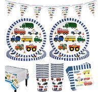 62 Pcs Construction Tableware Boys Birthday Supplies Crane Mixer Truck Paper Plates Cups Napkins Tablecloth Banner Dinnerware Party Decorations for Birthday Party Girl Shower Serves 20 Guests
