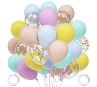 62 Pcs Pastel Rainbow Macaron Balloons - Confetti Latex Helium Balloons for Birthday, Engagement, Wedding, Graduation With 2 Ribbons (12 Inch)