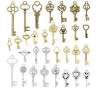 62 Pcs Vintage Keys Charms, Skeleton Key Charm for Jewelry Making, Mixed Style Antique DIY Craft Pendant for Necklace Bracelet Earrings Keychain Room Decor Wedding Party Favours (Gold, Bronze, Silver)