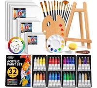 62-Piece Professional Acrylic Paint Set, Complete Painting kit with 32 Colours Paint(22ML), Wooden Tabletop Easel, 12 Paint Brushes, 16 Canvas, Art Supplies Painting Kit for Adults, Artists, Beginners