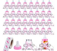 62 Pieces 8.9 cm Mini Milk Bottles with 500 Thank You Stickers for Shower, Small Plastic Candy Bottle for Boys, Girls, Newborns, Party Decoration (Pink)
