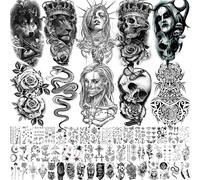 62 Sheets Large Wolf Lion Skeleton Temporary Tattoos For Men Women Arm, 3D Temp Bulk Realistic Tattoo Stickers For Adults Neck, Black Scary Skull Halloween Vampire Fake Tatoos Snake Flower Compass