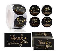 620PCS Thank You Card Set, 120PCS Gold Foil Thank You for Supporting My Business Cards 500PCS 1.5” Black Stickers Label Roll for Business Online Retail Store Package Inserts