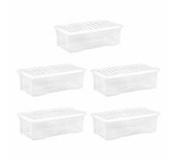 62L Litre Crystal Clear Underbed Plastic Storage Container With Lid Transparent Storage Box For Shoes Toys Garage Office Home & Kitchen Made in UK (62 Litre, Crystal Clear) (Pack of 5)