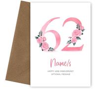 62nd Anniversary Card for Wife Husband - Floral Number 62 with Custom Names - Celebrate Anniversaries with 62nd Anniversary Card for Couple - 62 Years as Husband and Wife