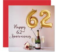 62nd Anniversary Card - Gold 62 Balloons and Champagne | Blush Background, Burgundy Script, Two Flutes and a Small Bouquet, 145mm Square, Envelope Included