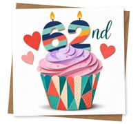 62nd Birthday Card for Her, Cupcake, Hearts & Number Candles | Bright cupcake design with striped number candles and sweet heart accents-celebrate her 62nd with colour and cheer.