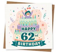 62nd Birthday Card for Her, Funny Confetti Cake Design | Eye-catching greeting card; Funny Confetti Cake artwork for her on a 62nd birthday with a warm, memorable feel