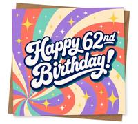62nd Birthday Card for Her, Retro Rainbow Swirl Stars | Large playful lettering on a bold retro rainbow background with star sparkles-an eye-catching 62nd for her.