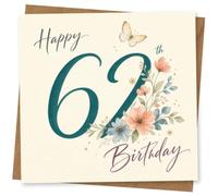 62nd Birthday Card for Her, Teal 62, Florals & Butterfly | Pretty floral-and-butterfly design with a large teal 62 and elegant script lettering, created for her 62nd birthday.