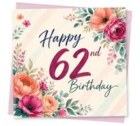 62nd Birthday Card for Her, Watercolour Blooms & Script | “Happy 62nd Birthday” in elegant script, surrounded by colourful watercolour flowers and leafy sprigs for her.