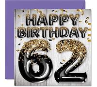 62nd Birthday Card for Men - Black & Gold Glitter Balloons - Happy Birthday Cards for 62 Year Old Man Dad Grandad Grandpa Gran Uncle, 145mm Bday Greeting Cards Gift