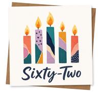 62nd Birthday Card for Mum, 5 Patchwork Candles & “Sixty-Two” | Five tall patchwork-pattern candles above bold “Sixty-Two” lettering; bright, modern 62nd birthday card for Mum.