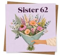 62nd Birthday Card for Sister, 62 Wildflowers | Bold “Sister 62” lettering above a hand-held bouquet of pastel wildflowers on a lilac background-made for your sister’s 62nd.