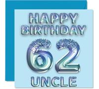 62nd Birthday Card for Uncle - Blue Glitter Party Balloons - Happy Birthday Cards for 62 Year Old Uncle from Nephew Niece, 145mm Bday Greeting Cards Gift