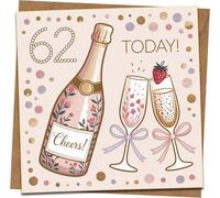 62nd Birthday Card for Women or Men - Champagne Bottle & Glasses Design - 145mm Square Greeting Card with Kraft Envelope - Cheers Celebration, Milestone Age 62 Today