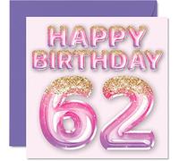 62nd Birthday Card for Women - Pink & Purple Glitter Balloons - Happy Birthday Cards for 62 Year Old Woman Mum Nanny Grandma Gran Auntie, 145mm Bday Greeting Cards Gift