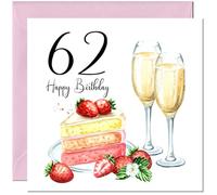 62nd Birthday Card for Women - Strawberries & Cake - Ladies Birthday Cards for 62 year old woman Sixty Two, Sixty Second Mum Grandma Sister Aunt Niece Nanny for her Mother Wife Girlfriend