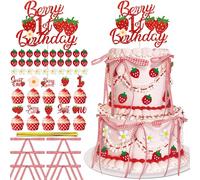62PCS 1st Strawberry Bow Cake Decorations Set Happy Birthday Strawberry Cake and Cupcake Topper for Baby Shower First Birthday Party Decorations Supplies