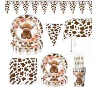62pcs Boho Highland Cow Party Supplies,Highland Cow Baby Shower Plates and Napkins Party Supplies,Western Cattle Boho Pampa Grass Birthday Party Decor Serves 10